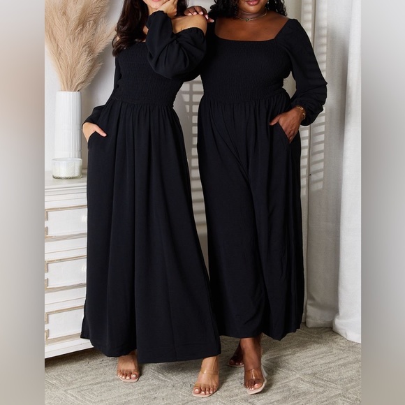 NEW Double Take Black Square Neck Smocked Long Sleeve Wide Leg Jumpsuit - Picture 1 of 9